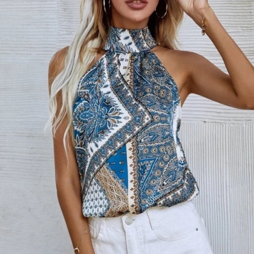 Boho Paisley Floral Print Satin Halter Tank Top - Picture 9 of 15